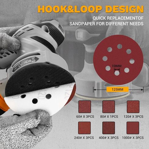 Random Orbital Sander: DEKOPRO 5" Corded 3.0 Amps Electric Sander with Dust Box, 6 Various Speeds Adjustable Palm Sander with Dust Box, 16Pcs Sandpapers for Woodworking & Sanding-Yellow in Kuwait