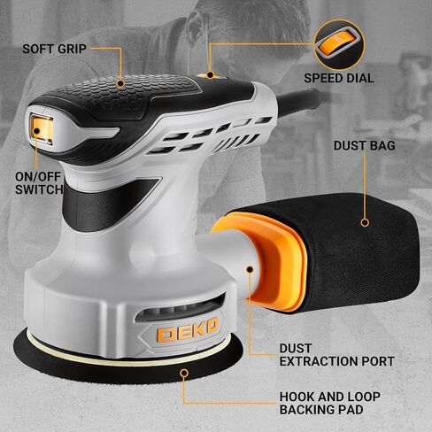 Random Orbital Sander: DEKOPRO 5" Corded 3.0 Amps Electric Sander with Dust Box, 6 Various Speeds Adjustable Palm Sander with Dust Box, 16Pcs Sandpapers for Woodworking & Sanding-Yellow in Kuwait