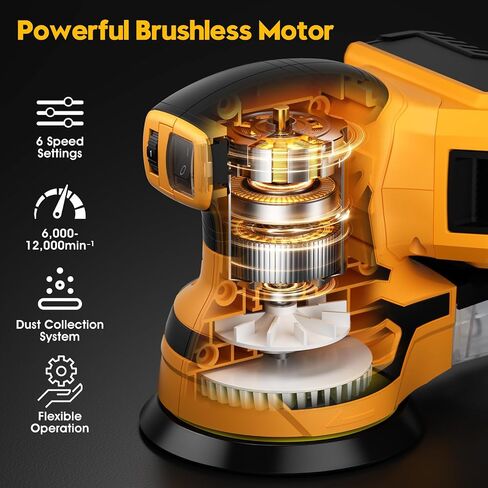 Cordless Orbital Sander for Dewalt 20V Battery, Brushless 6 Variable Speeds, 6000 to 12000 OPM, 12Pcs Sandpapers With Dust Collector for Woodworking Sanding (Battery Not Included) (Yellow) in Kuwait