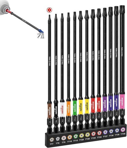 Geinxurn Impact Security Torx Bit Set, 1"/2"/3"/6" 54pcs Magnetic (TT7-TT40) S2 Steel Star Bits with 1/4 Hex-Shank, Long Extension Tamper Proof Screwdriver Bits Stored in Color Coded Base in Kuwait