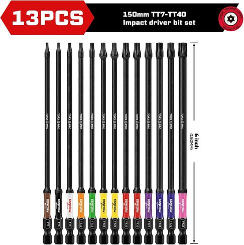Geinxurn Impact Security Torx Bit Set, 1"/2"/3"/6" 54pcs Magnetic (TT7-TT40) S2 Steel Star Bits with 1/4 Hex-Shank, Long Extension Tamper Proof Screwdriver Bits Stored in Color Coded Base in Kuwait