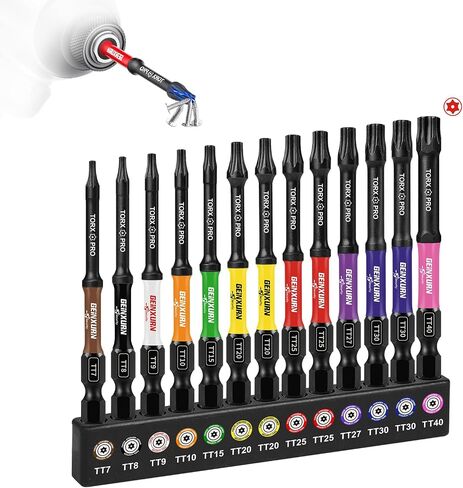 Geinxurn Impact Security Torx Bit Set, 1"/2"/3"/6" 54pcs Magnetic (TT7-TT40) S2 Steel Star Bits with 1/4 Hex-Shank, Long Extension Tamper Proof Screwdriver Bits Stored in Color Coded Base in Kuwait