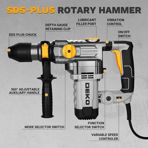 1-1/4 Inch SDS-Plus Rotary Hammer Drill, 12.5Amp Electric Heavy Duty Hammer Drill Corded with 4 Functions, Demolition Hammer for Concrete with Drill Bits and Chisels, Safety Clutch & Vibration Control in Kuwait