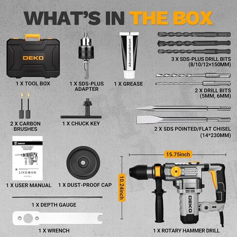 1-1/4 Inch SDS-Plus Rotary Hammer Drill, 12.5Amp Electric Heavy Duty Hammer Drill Corded with 4 Functions, Demolition Hammer for Concrete with Drill Bits and Chisels, Safety Clutch & Vibration Control in Kuwait