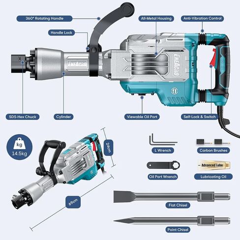 ENEACRO Demolition Jack Hammer 65 Joules SDS-Hex Concrete Breaker | 14.5Amp Heavy Duty, Chipping Hammer Cement/Pavement/Floor Breaker, 2pcs Chisels Included, Carry Box with Rollers in Kuwait