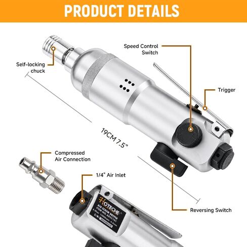 Hoteche Air Screw Driver, 40NM Torque, 12000 RPM, 4-5MM Capacity, with 3 Universal Inserts & 6.35MM Bit, Color Box in Kuwait