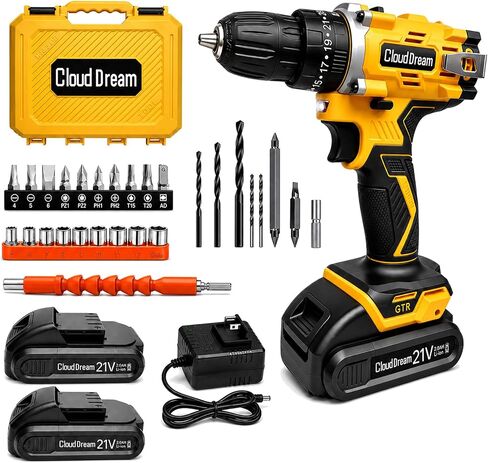 CloudDream 21V Cordless Drill Set,35 Nm Power Drill with 2 Batteries and Charger, 25+3 Torque, 2 Speed, 3/8" Keyless Chuck, 30pcs Accessories, LED Light, Electric Screwdriver for Home DIY in Kuwait