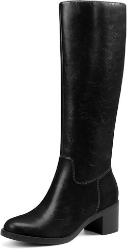 Knee High Boots Women Round Toe Fall Boots with Side Zipper | 2.20 Inch Chunky Heel, Pu/Suede Upper, 5mm Cushioned Insole Support, Non Slip, Durable TPR Outsole, Daily, Office, Shopping in Kuwait