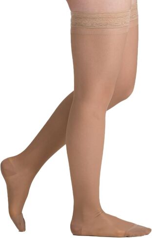 Women's Sheer Thigh High 15-20 mmHg Compression Stockings | Nylon-spandex fabric with lace-silicone top band, sandalfoot design and reinforced heel for secure all-day wear in Kuwait
