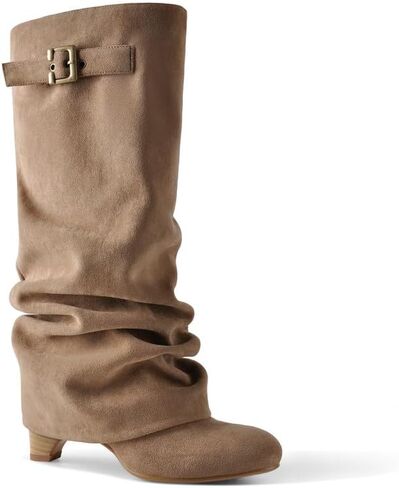Slouchy Wedge Suede Boots Fold Over Knee High Pull On High Heels in Kuwait