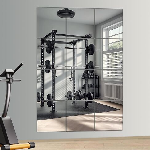Full Length Wall Mirrors, Home Gym Mirror for Gym, 12Pcs 14"x 12" Glass Mirror Tiles, Self Adhesive HD Glass Full Body Wall Mirrors for Wall Decor, Bedroom, Living Room, Over The Door in Saudi Arabia