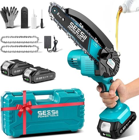 SEESII 6-Inch Mini Chainsaw Cordless with Oiler System | 2x2000mAh Batteries, Handheld Electric Chain Saw with Safety Lock, Battery Powered Chainsaw for Wood Tree Cutting, M6 Plus in Saudi Arabia