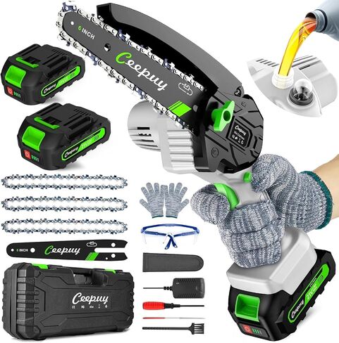 CEEPUY Mini Chainsaw Cordless,6 Inch Portable Electric Chainsaw with 2 Batterys/Automatic Oiler/Security Lock/Powered Small Handheld Saw for Trees Branches Trimming,Gifts for Father Men Dad Husband in Kuwait