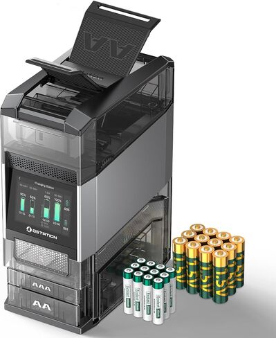 Ostation 2 Pro AA AAA Rechargeable Battery Charging Station w/ 24 Batteries | 12 AA Li-ion & 12 AAA NiMH Batteries, Polarity-Free, 3 in 1 Charger Organizer Tester for Gamers, Cameras & Smart Homes in Kuwait