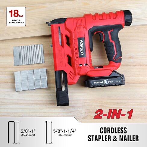 POPULO 20V Nail Gun Battery Powered, 18 Gauge 2-In-1 Cordless Brad Nailer Stapler Includes a 2.0Ah Battery, Charger, 1600 Nails, Electric Staple Nail Gun for Carpentry and Upholstery in Kuwait