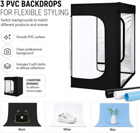 Professional Photo Light Box Photography Studio Dimmable LED Large Shooting Tent Cube 47x39x78inch Video Continuous Lighting Lightbox Soft Box with 3 Colors PVC Backdrops and Carrying Bag in Saudi Arabia