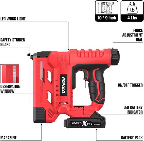 POPULO 20V Nail Gun Battery Powered, 18 Gauge 2-In-1 Cordless Brad Nailer Stapler Includes a 2.0Ah Battery, Charger, 1600 Nails, Electric Staple Nail Gun for Carpentry and Upholstery in Kuwait