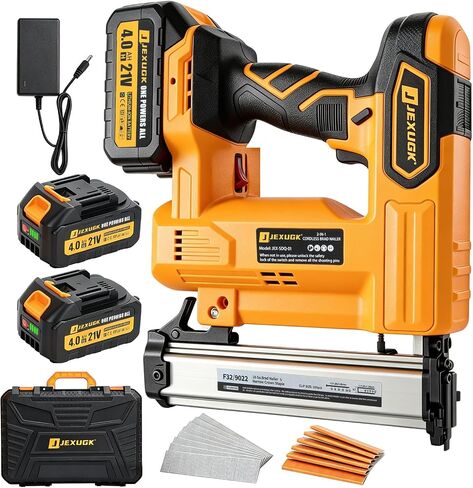 JEXUGK Cordless Brad Nailer, 18 GA Nail Gun Battery Powered with 2 x 4.0Ah Battery, 2 in 1 Electric Nail Gun with 1000 Brad Nails and 1000 Staples, Finish Nailer for Woodworking & Home Improvement in Kuwait