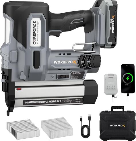 WORKPROX 20V Cordless Brad Nailer Kit, 18 Gauge 2-in-1 Nail & Staple Gun | 2.0Ah Rechargeable Battery, 1000 Staples & 1000 Nails, For Woodworking, Upholstery, DIY Projects & Home Improvement in Kuwait