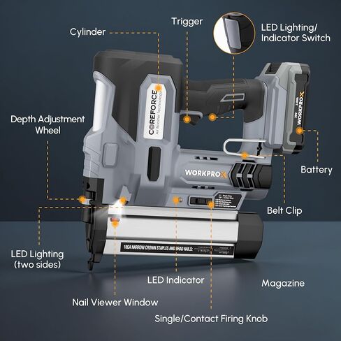 WORKPROX 20V Cordless Brad Nailer Kit, 18 Gauge 2-in-1 Nail & Staple Gun | 2.0Ah Rechargeable Battery, 1000 Staples & 1000 Nails, For Woodworking, Upholstery, DIY Projects & Home Improvement in Kuwait