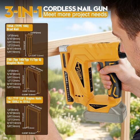 3-In-1 Cordless Nail Gun - Compatible with DEWALT 20V Battery - 18 GA Electric Brad Nailer With 3000 Pcs Nails (18GA Brad & T50 & 10J Crown Staples) for Upholstery & Family DIY (No Battery) in Kuwait