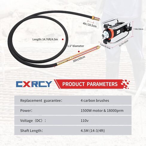 CXRCY Concrete Vibrator 1500W 2HP 18000RPM Powerful Copper Motor, 4.5M (14-3/4ft) Long Flexible Shaft, Electric Concrete Vibrator Handheld for Removing Air Bubbles & Smoothing in Kuwait