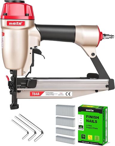 meite T64A 16 Gauge Finish Nailer with 4 Sizes Finish Nails Set 2,000PCS | Pneumatic Straight Nail Gun for 1-1/4" to 2-1/2", Tool-free Jam Release and Depth Dial, Cabinet Baseboards Trim Carpentry in Kuwait