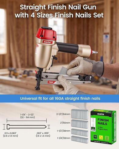 meite T64A 16 Gauge Finish Nailer with 4 Sizes Finish Nails Set 2,000PCS | Pneumatic Straight Nail Gun for 1-1/4" to 2-1/2", Tool-free Jam Release and Depth Dial, Cabinet Baseboards Trim Carpentry in Kuwait