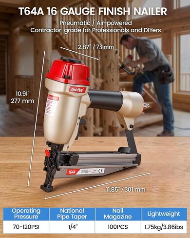 meite T64A 16 Gauge Finish Nailer with 4 Sizes Finish Nails Set 2,000PCS | Pneumatic Straight Nail Gun for 1-1/4" to 2-1/2", Tool-free Jam Release and Depth Dial, Cabinet Baseboards Trim Carpentry in Kuwait