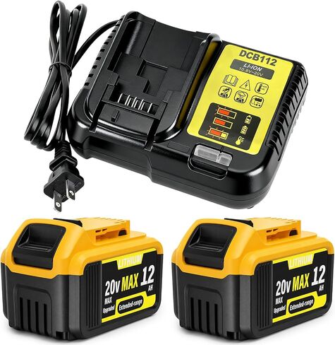 2-Pack 12000mAh 20V Max Lithium-Ion Battery & Charger Combo, High Capacity Replacement for DEWALT 20V MAX Battery Power Tools, Fast Charging Included in Kuwait