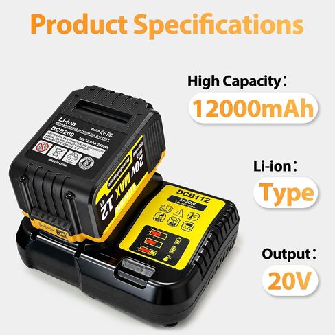 2-Pack 12000mAh 20V Max Lithium-Ion Battery & Charger Combo, High Capacity Replacement for DEWALT 20V MAX Battery Power Tools, Fast Charging Included in Kuwait