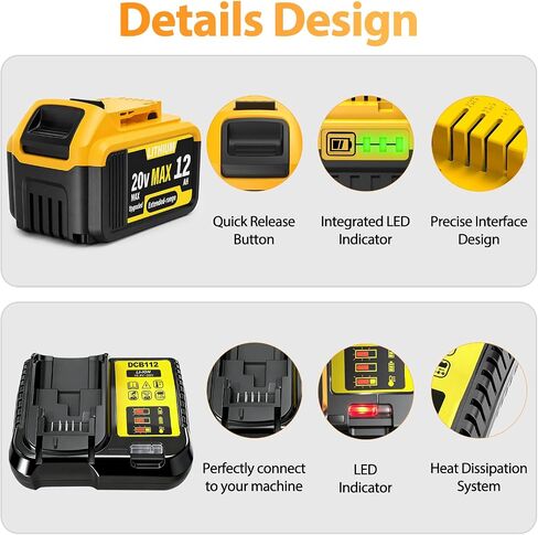 2-Pack 12000mAh 20V Max Lithium-Ion Battery & Charger Combo, High Capacity Replacement for DEWALT 20V MAX Battery Power Tools, Fast Charging Included in Kuwait