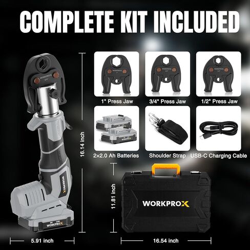 WORKPROX Press Tool, 20V Brushless Electric Pipe Crimping Tool for 1/2", 3/4", 1" Copper Pipes, Cordless Press Tool Kit with 3 Press Jaws, 2-Pack 2.0Ah Batteries with Carrying Case in Kuwait