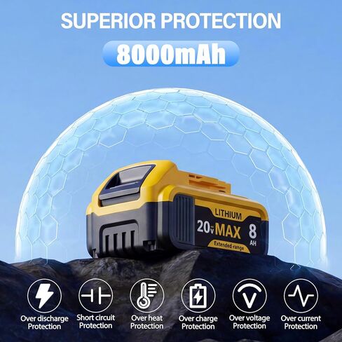 2-Pack 8000mAh High-Capacity Replacement for Dewalt 20V Max Battery Compatible with DCB200 DCB201 DCB203 DCB204 DCB205 DCB206 for DeWalt 20V Cordless Power Tools with LED Indicator & Safety Protection in Kuwait