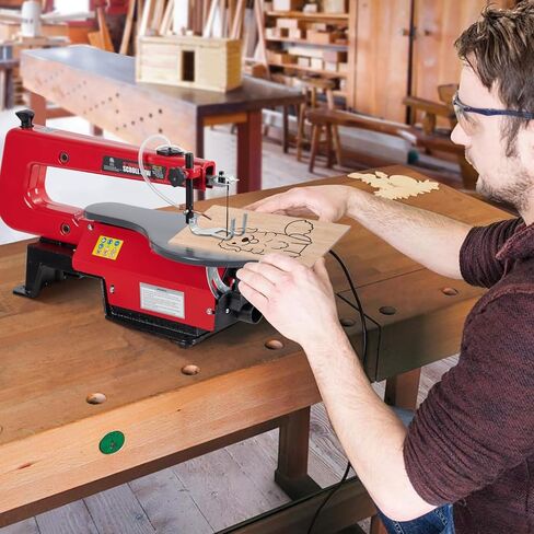 16 Inch Variable Speed Scroll Saw, 0.9A 400-1600 RPM, Adjustable 0-45° Tilt Table, for Woodworking Curved Cuts & Crafts, with Dust Blower & Blade Holder, Red in Kuwait