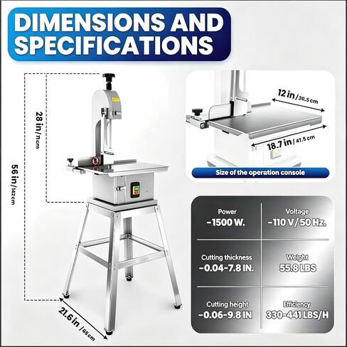 1500W Meat Saw for Butchering at Home, Cuts 0.04-8 Inch Thickness Meat Saw, 20"x16" Stainless Steel Worktable, Electric Bone Saw Machine, Frozen Meat Slicer, for Rib Pork Beef Butchering in Kuwait
