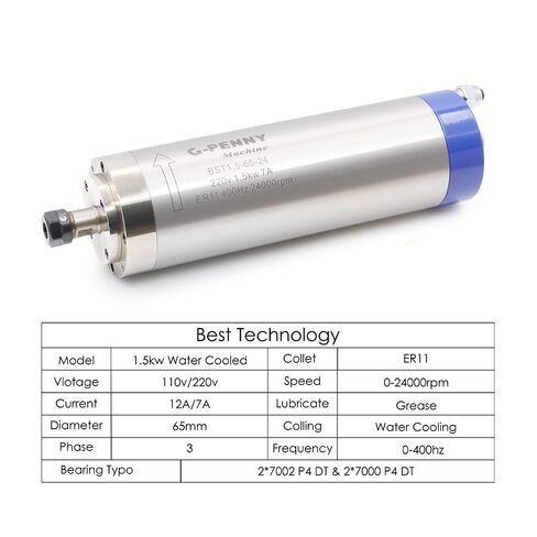 G-Penny 1.5KW Water Cooled CNC Spindle Motor 65mm 220V ER11, 4 Pcs 7 Series Bearings, 24000 Speed, 0.01mm Runout Accuracy CNC Router Motor for Wood Acrylic Metal Engraving Milling (110, Volts (AC)) in Kuwait