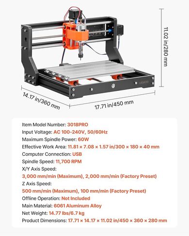 VEVOR 3018 CNC Router Machine, 60W Spindle, 3-Axis Wood Engraving Milling Machine, with 300 x 180 x 40 mm Working Area, Aluminum Alloy Construction, Rotary Knob, for Wood Acrylic Carving Cutting in Kuwait