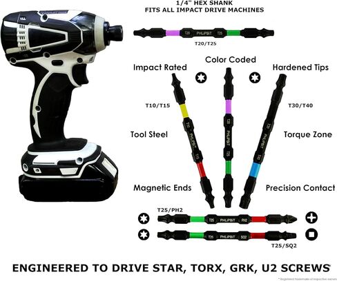 ORiGiNAL - T25+PH2 IMPACT BIT, 6 INCH, 4pk. Double End+Double Duty, USA-6T25PH2X4 (Lime Green/Blue Drives #25 Torx/Star/GRK + #8/10 Phillips Screw) "ULT" MULTi Compatible. in Kuwait