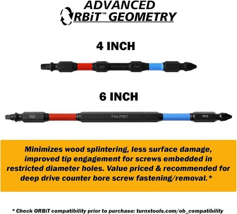 ORBiT COMBiKiT - SQ2+PH2 IMPACT BIT, 2 Ea. 4+6 INCH, Mod. Geometry, Double End+Double Duty, USA-OCK46SQ2PH2X2 (Red/Blue Drives #8/10 SQ+PH Screw) Fits "ULT" MULTi S/Driver in Kuwait