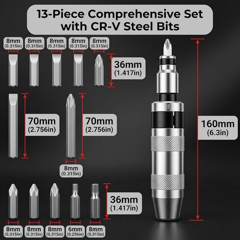 1/2" Hand Impact Driver Set, 13 PCS Reversible Manual Impact Screwdriver with Cr-V Steel Bits, For Stripped Frozen Screws & Rusted Bolts, Includes Slotted, Phillips & Hexagonal Bits, Storage Case in Kuwait