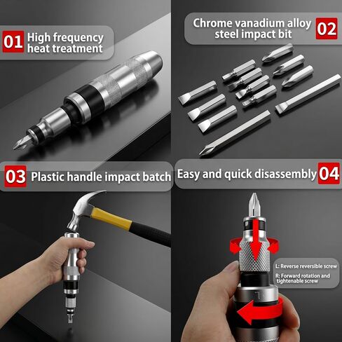1/2" Hand Impact Driver Set, 13 PCS Reversible Manual Impact Screwdriver with Cr-V Steel Bits, For Stripped Frozen Screws & Rusted Bolts, Includes Slotted, Phillips & Hexagonal Bits, Storage Case in Kuwait