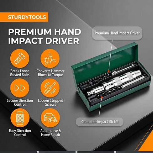 1/2" Hand Impact Driver Set, 13 PCS Reversible Manual Impact Screwdriver with Cr-V Steel Bits, For Stripped Frozen Screws & Rusted Bolts, Includes Slotted, Phillips & Hexagonal Bits, Storage Case in Kuwait