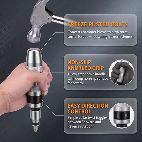 1/2" Hand Impact Driver Set, 13 PCS Reversible Manual Impact Screwdriver with Cr-V Steel Bits, For Stripped Frozen Screws & Rusted Bolts, Includes Slotted, Phillips & Hexagonal Bits, Storage Case in Kuwait