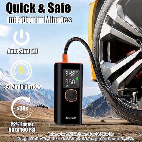 Tire Inflator Portable Air Compressor with 6000mAh Battery & 160PSI | Cordless Electric Pump for Car, Motorcycle, Bike, Ball | 3-Mode Flashlight | LED Display in Kuwait