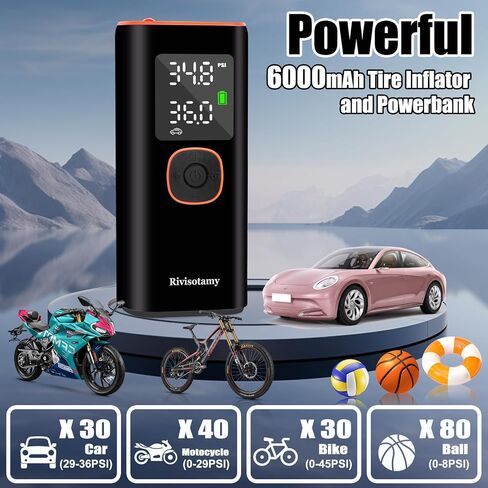 Tire Inflator Portable Air Compressor with 6000mAh Battery & 160PSI | Cordless Electric Pump for Car, Motorcycle, Bike, Ball | 3-Mode Flashlight | LED Display in Kuwait