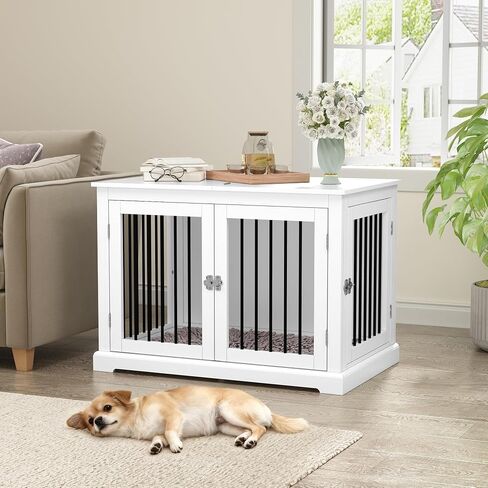 Large Dog Crate Furniture, Wooden Dog Kennel with Cushion, Dog Crate End Table Large, Indoor Dog Kennel, Modern Decorative Dog Crates with Flip Top, Chew-Proof Metal Bars, Black in Saudi Arabia