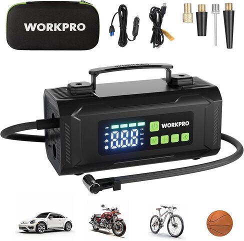 WORKPRO Tire Inflator Portable Air Compressor, 12V Electric Air Pump 150PSI for Car Tires with Pressure Gauge, 3X Faster Portable Tire Inflator for Car Motorcycle Bicycle Ball with Dual Power Supply in Kuwait
