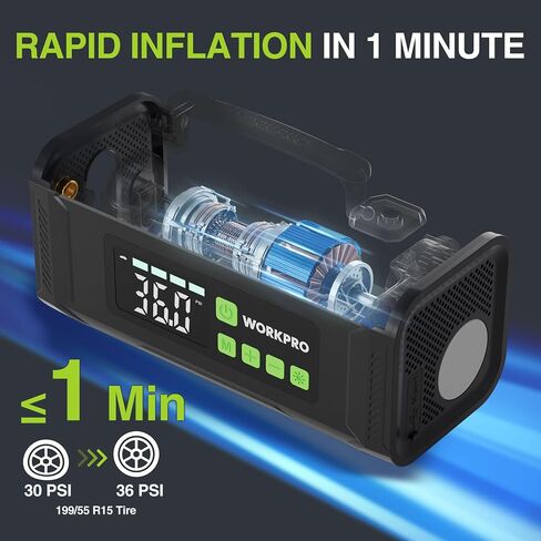 WORKPRO Tire Inflator Portable Air Compressor, 12V Electric Air Pump 150PSI for Car Tires with Pressure Gauge, 3X Faster Portable Tire Inflator for Car Motorcycle Bicycle Ball with Dual Power Supply in Kuwait
