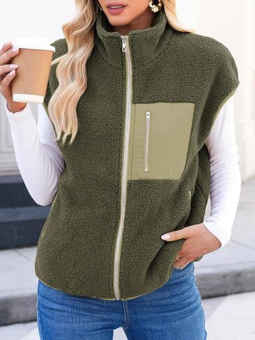 Women's Sherpa Fleece Vest Jacket Lightweight Fuzzy Fleece Vest Casual Sleeveless Warm Jacket Coat with Pockets in Saudi Arabia